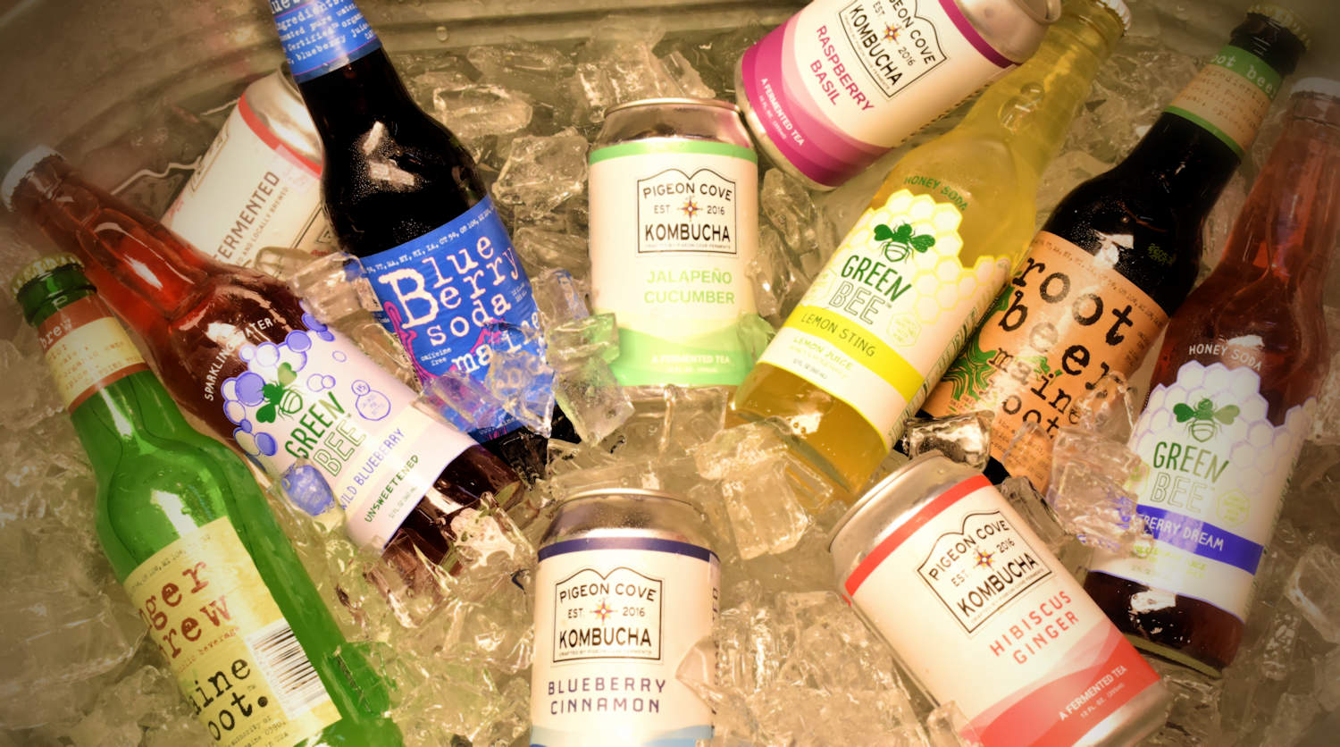 Kombucha and natural beverages at Saco River Farms Natural Foods Market.